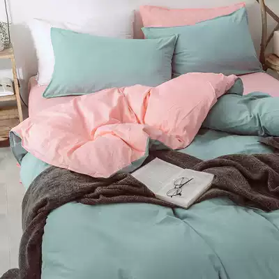 Japanese Pure Color Cotton Water Washing Cotton Four Piece Set Simple Cotton Sheet quilt cover Single Bed Hats Nude Sleeping Bedding