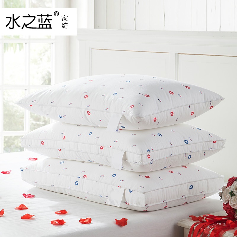 Water blue cotton fabric feather velvet pillow hotel hotel high and low pillow neck pillow high elastic pillow washable