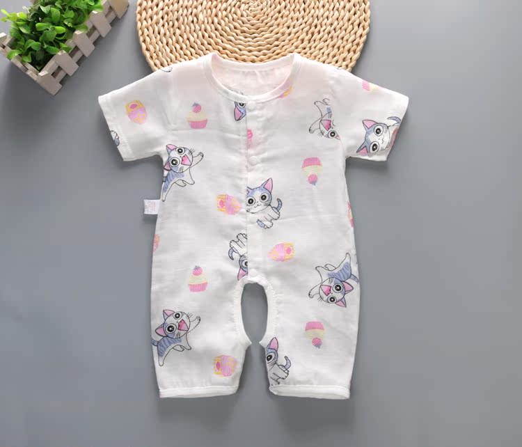 Mùa hè nam giới và phụ nữ bé ngắn tay jumpsuit bông gạc trẻ sơ sinh mở đập vỡ quần áo đồ ngủ haber 0-2 tuổi