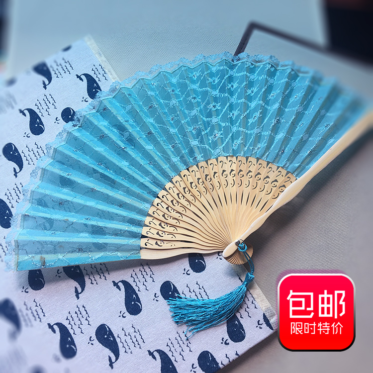 High-end Chinese wind black lace fan ancient wind folding fan hollowed-out Japan and wind cotton linen small female fan summer