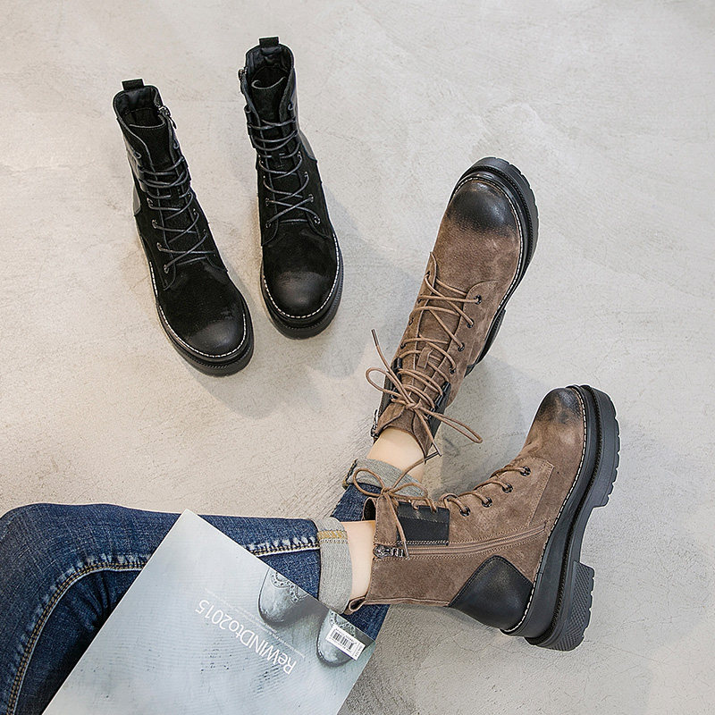 Inner heightened Martin boots women's small British style 8cm show feet small winter plus velvet thick short boots spring and autumn single boots