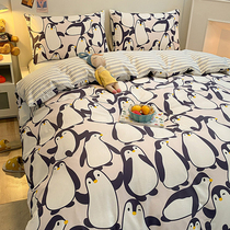 Nordic style cotton bed four-piece set 100 cotton ins cartoon penguin boy bed sheet quilt cover three-piece summer