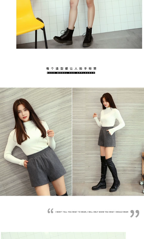 Người mẫu thu đông 2018 eo cao len rộng quần short nữ chất béo mm mỏng thun co giãn dày quần thường quần mùa đông quần quần sooc nữ xếp li