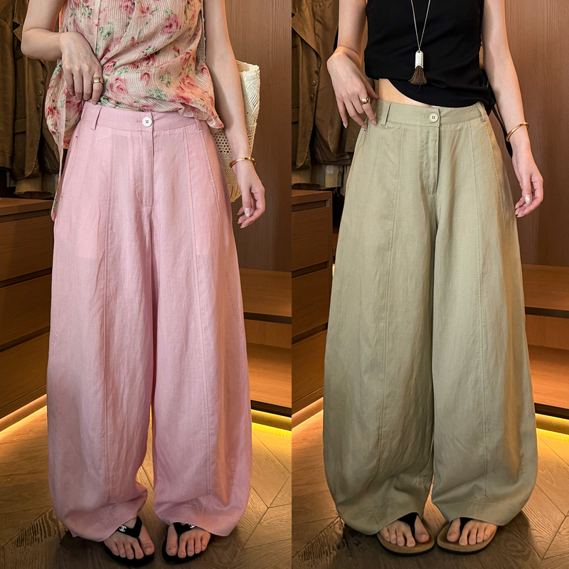 Floor-Length Scimitar Linen Wide-Leg Pants for Women, European Style, 2026 Summer New European Fashion Women's Casual Pants, Trendy Floor-Length Scimitar Linen Wide-Leg Pants for Women, European Style, 2026 Summer New European Fashion Women's Casual Pants, Trendy