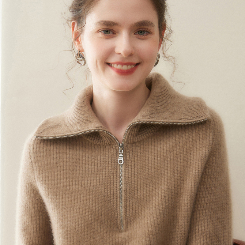 Little Baby Cashmere Sweater for Women, New Autumn and Winter Style, Turn-Down Collar, Half-Zip, Thickened, Saddle Shoulder, Loose, Warm Knit Sweater