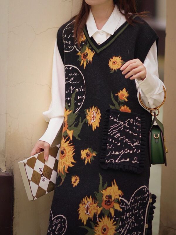 Van Gogh Oil Painting Sweater Vest Dress Knitted Retro First Love Petite Art Student Forest Style Girl Thickened Autumn and Winter