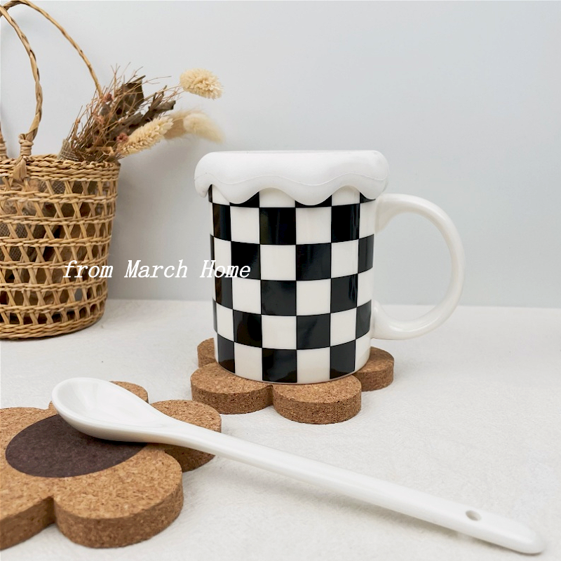 ins net red chessboard lattice ceramic mark cup with lid spoon cute girl high face value breakfast cup water cup can be customized