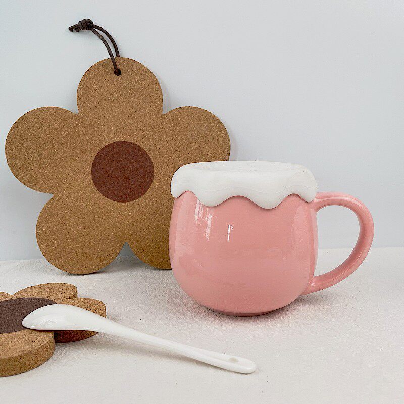 Han Style Cute Fatfat Ceramic Mark Cup With Lid Spoon Pure Color Cup Children Lovers Water Glass Custom Creative Big Belly Cup