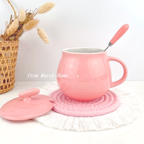 Korean cute fat ceramic mug with lid spoon solid color cup female couple cup custom creative big belly cup