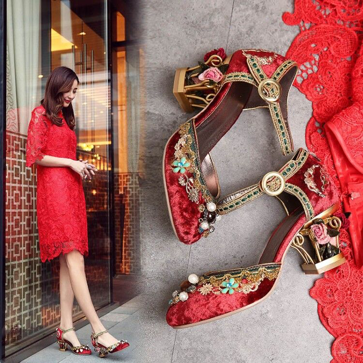 Wedding Shoes, High Heels, Mary Jane Shoes with Ankle Strap, Pearl Women's Closed-Toe Chunky Heel Sandals, Cheongsam Shoes, Banquet Shoes