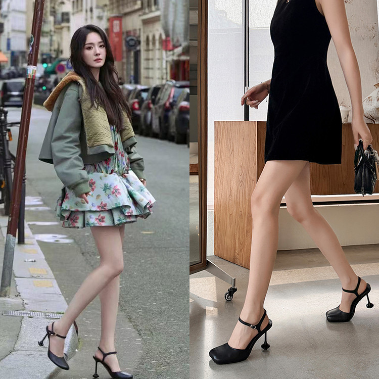 Celebrity-Inspired Sandals, Genuine Leather, Square Toe, Thin Heel, Open Back, Fashion Closed-Toe Sandals, Single Strap Mary Jane High Heels