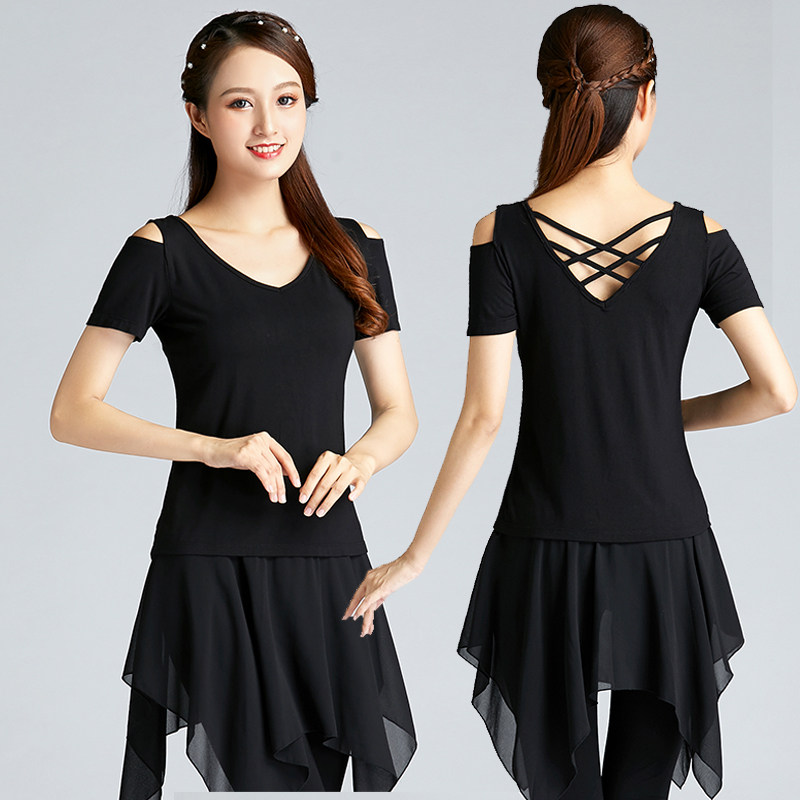 Dance practice clothes blouse female adult black Latin dance short sleeve square dance Modal dance costume summer