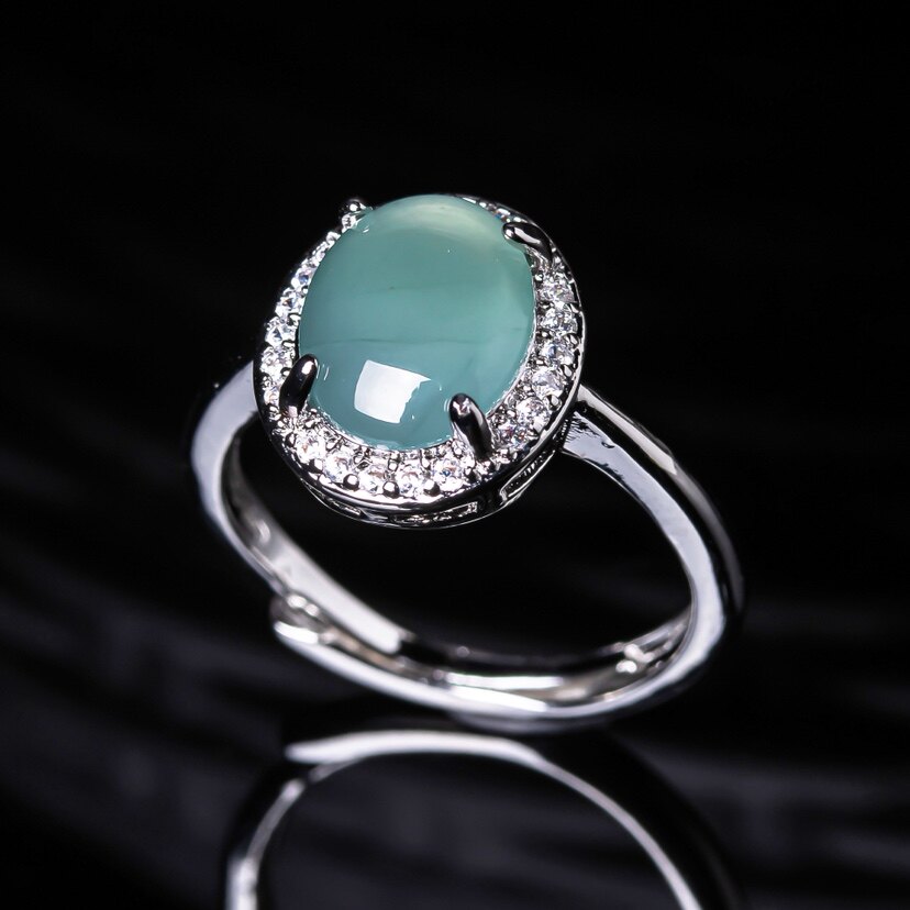Natural a-grade jade egg ring for women, full of diamonds, light luxury and high-end ring, blue water jade pigeon egg ring
