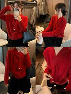 2025 winter new korean style loose and slim pullover sweater scarf design v-neck top women's fashion trend 3