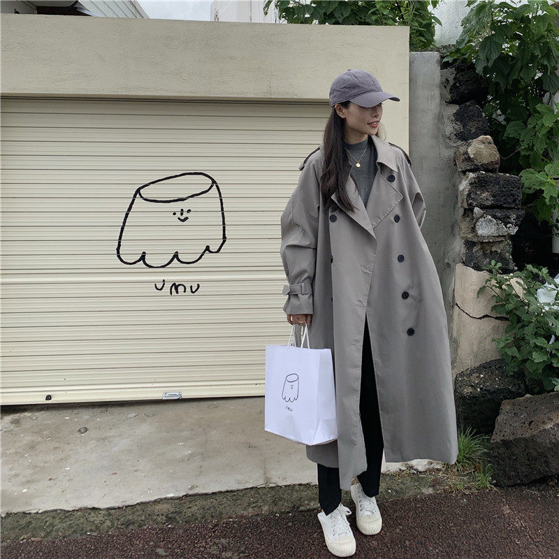 Jin Suyi custom gray double-breasted trench coat female 2021 Spring and Autumn New Korean version of knee-wide coat tide