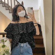 Ginsu One Straight Shoulder Broken Flowers Shirt 2022 Summer Korean version Leisure retro Crushed Flower Lining Chic Blouse Tide