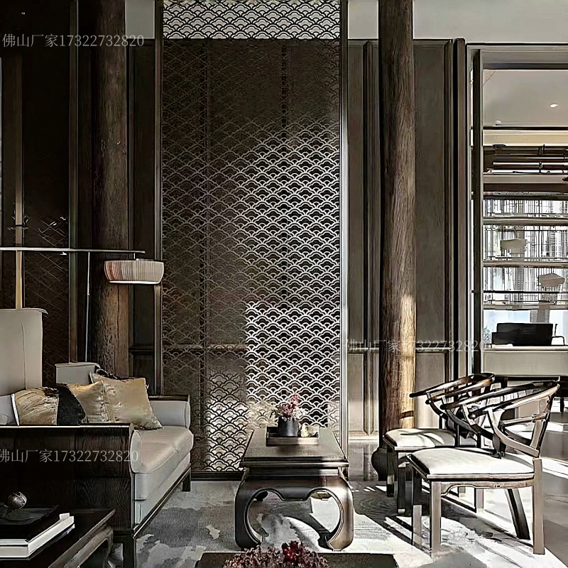 Entrance Stainless Steel Screen with Hollow-Out Titanium Gold Design, Embossed Metal Aluminum Carving Partition, Chinese-Style Light Luxury Hall Grille