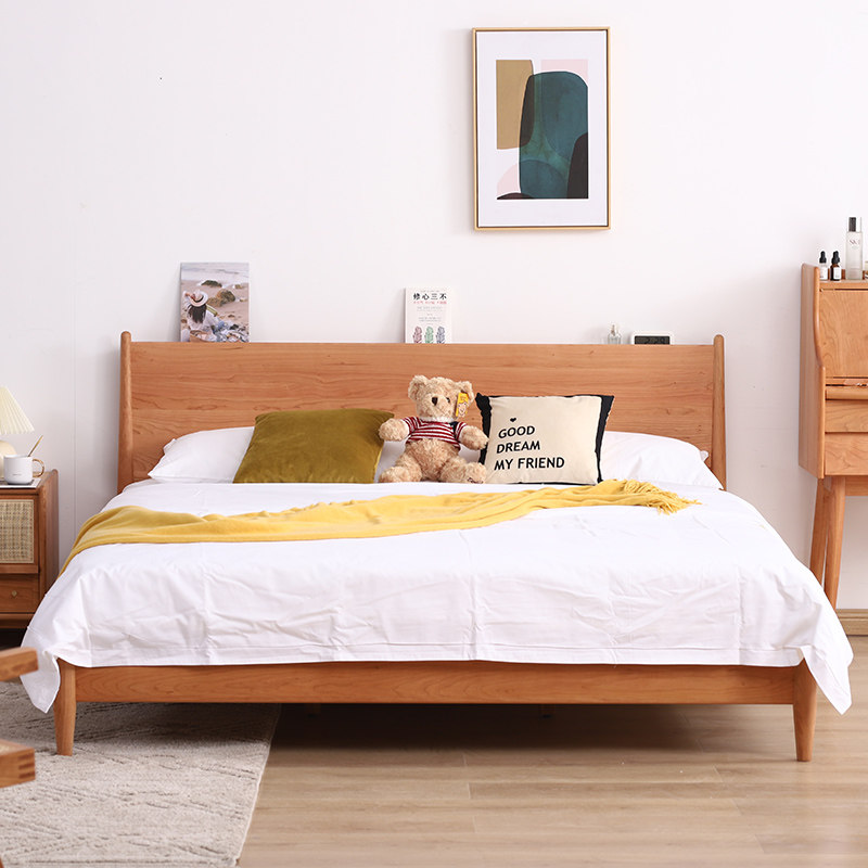 Solid wood bed 1 8 m 1 5 modern minimalist Japanese furniture cherry wood white oak double master bedroom home Nordic bed