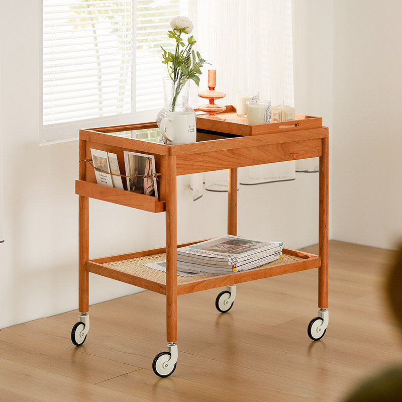Nordic solid wood sofa side table living room cherry wood glass coffee table Japanese-style movable trolley with wheel locker