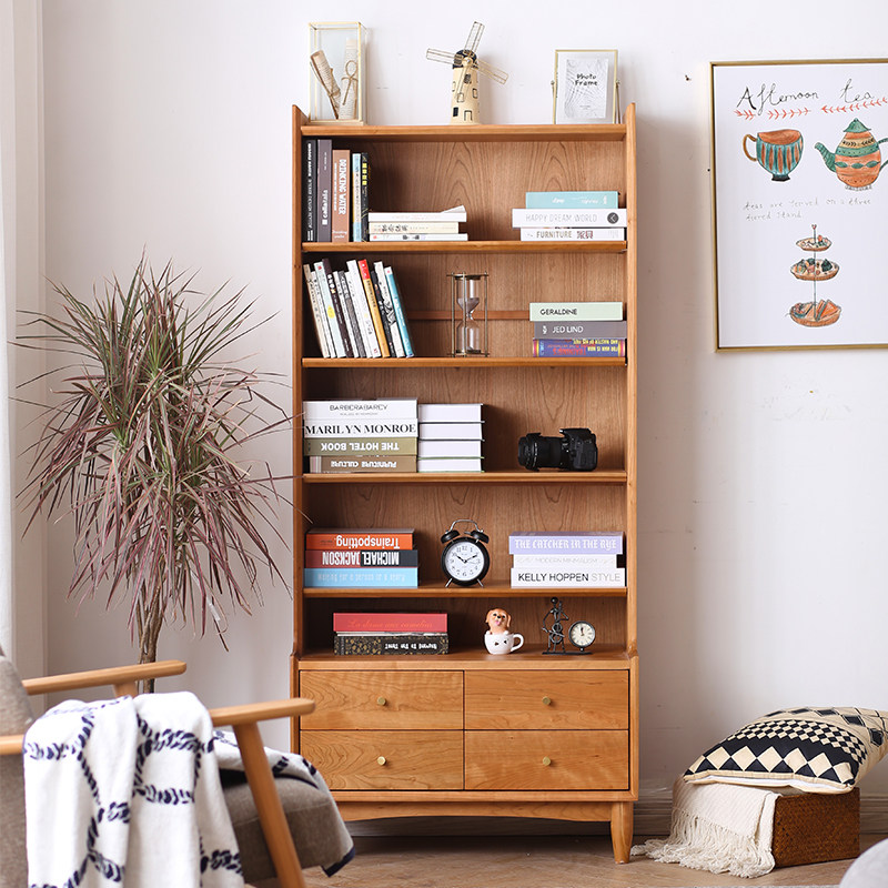 Nordic solid wood bookcase bookshelf living room Japanese-style floor-to-ceiling simple log cherry wood shelf display storage cabinet