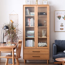 Solid wood bookcase with door glass bookcase combination study Nordic Japanese minimalist shelf cherry wood storage bookshelf