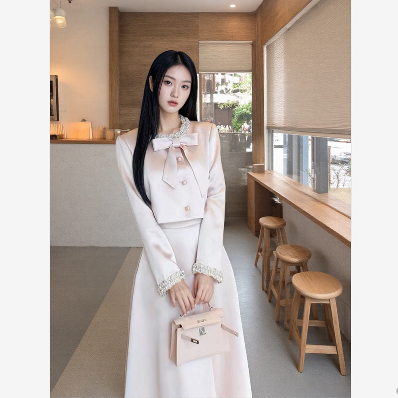 Heavy-Duty, Luxurious Pink Bow Tie, Elegant Chanel-Style French Beaded Jacket, Satin High-Waisted Long Skirt Set