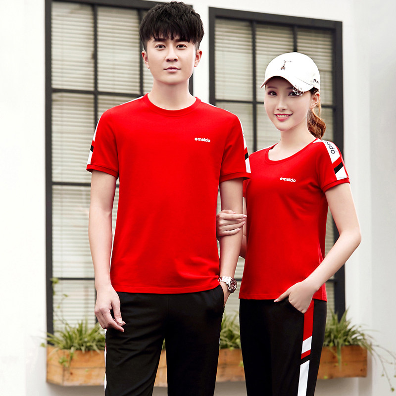 Sports suit Men's and women's summer round neck short-sleeved trousers Couple leisure suit breathable running pure cotton two-piece set tide