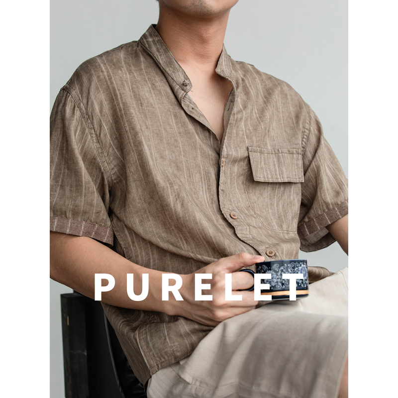 Old Money Style Lyocell Linen Striped Short-Sleeved Shirt for Men, Summer Trendy Brand, New Chinese Style Men's Clothing, Loose Stand-Up Collar Shirt Old Money Style Lyocell Linen Striped Short-Sleeved Shirt for Men, Summer Trendy Brand, New Chinese Style Men's Clothing, Loose Stand-Up Collar Shirt