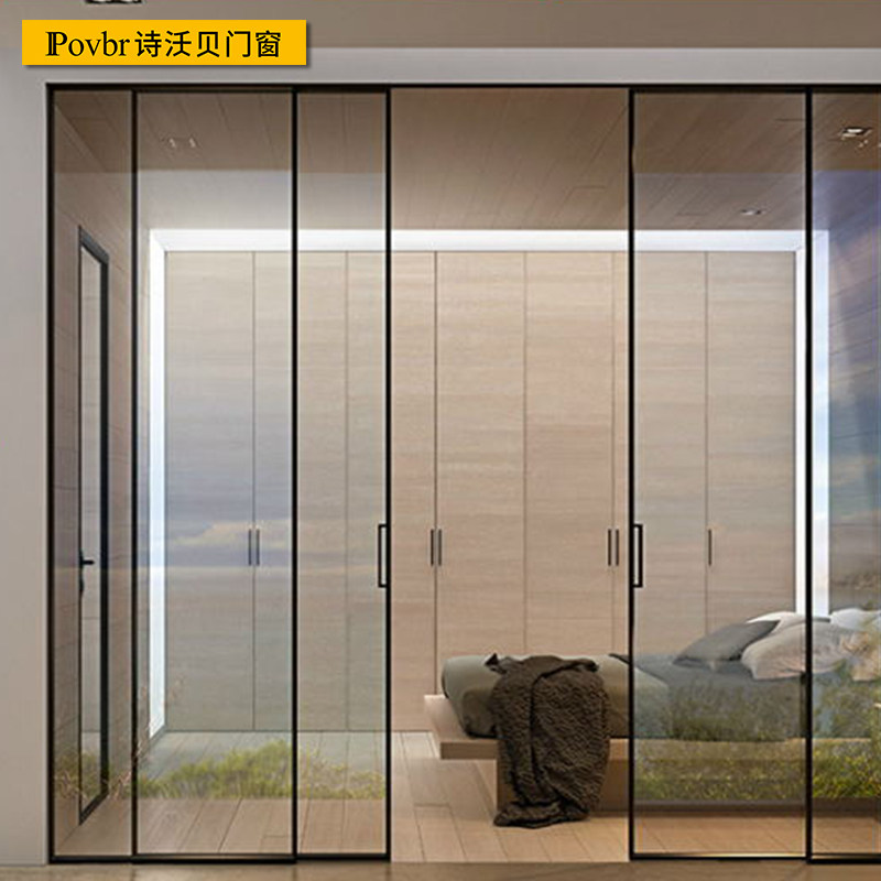 Sichuan Chengdu narrow frame minimalist Nordic style Upper rail trackless push-pull hanging door black minimalist American moving door