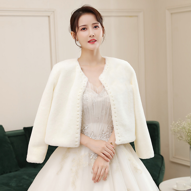 Bridal Shawl Winter Style Warm White Wedding Coat Wedding Dress Cheongsam Bridesmaid Thickened Long-Sleeved Outer Cape