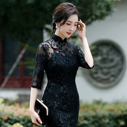 高档长款七分袖改良版植绒旗袍修身女黑色中国风老上海日常妈妈装