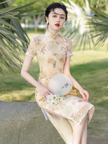 Легкое кружевное летнее ципао, короткий рукав