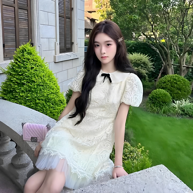 Cream Lace | 2026 Spring, Summer, and Autumn Doll Collar Bow Lace Runaway Princess Fairy Milk Dress Cream Lace | 2026 Spring, Summer, and Autumn Doll Collar Bow Lace Runaway Princess Fairy Milk Dress