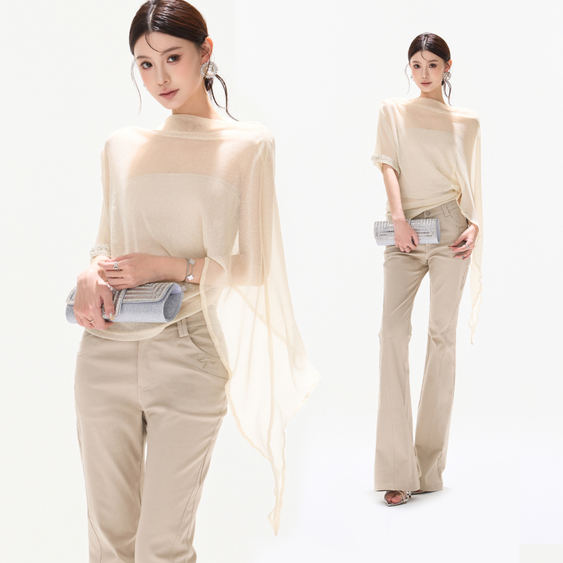 Cynr Original Design "Silver Yarn Beauty Goddess" Loose Slimming Diamond-Embellished Batwing Sleeve Asymmetrical Hem Shawl Mesh Top for Women Cynr Original Design "Silver Yarn Beauty Goddess" Loose Slimming Diamond-Embellished Batwing Sleeve Asymmetrical Hem Shawl Mesh Top for Women