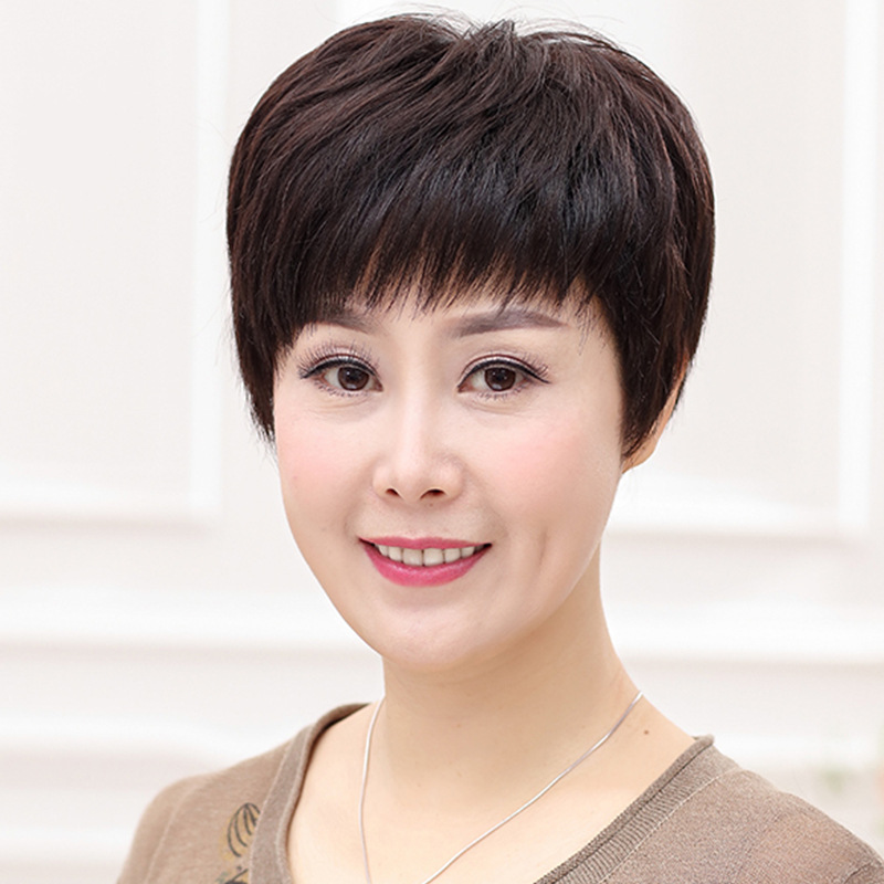 Real hair wig Female wig Female short hair Middle-aged send mom short hair fluffy natural real hair wig set