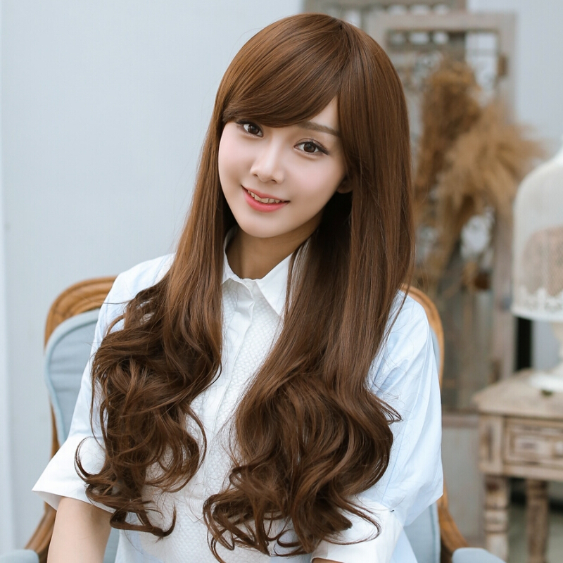 Wig female long hair curly hair round face oblique bangs Full hair set adult big waves ol fashion model bar business