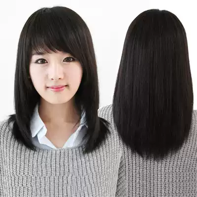 Wig female full head set long hair long straight hair thin broken oblique banghai black workplace shawl over shoulder wig