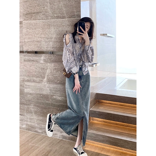 鱼余 Осенняя синяя шифоновая рубашка, городской стиль, свободный крой