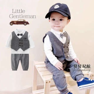 Vestido de un año, traje de bebé masculino, traje de tres piezas, hermoso traje de cumpleaños británico de manga larga para bebés y niños