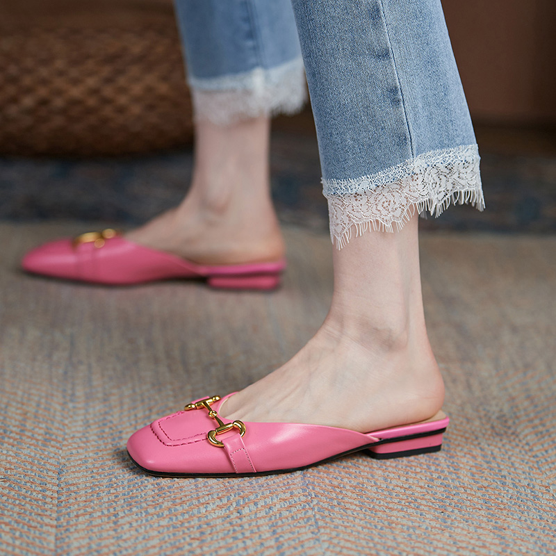 Baotou Half slipper female Xia 2022 New leather square head flat bottom sandslipper shoes outwear coarse heel high heel Mueller shoes