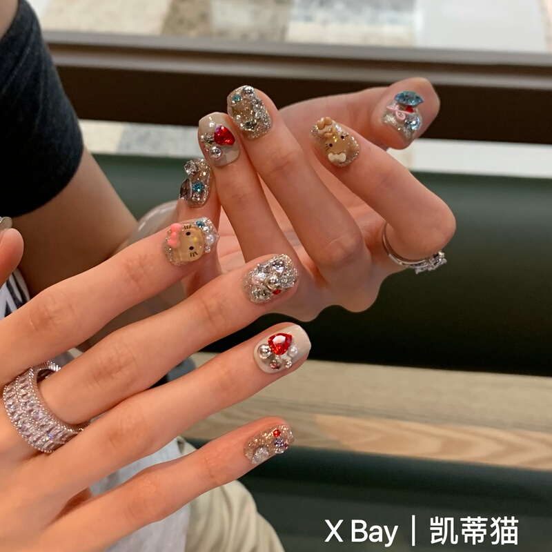 Hello Kitty | Xbay Store Same Style New Year Niche Design Nail Art, Dazzling Full Diamond Short Nails, Handmade Press-On Nails Hello Kitty | Xbay Store Same Style New Year Niche Design Nail Art, Dazzling Full Diamond Short Nails, Handmade Press-On Nails