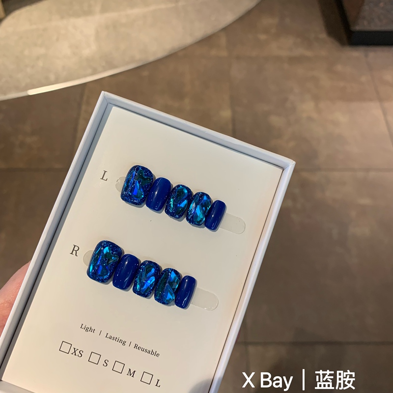 Blue Eucalyptus | Same Style as Store Design, High-End Manicure, Blue Laser Diamond Short Nails, Handmade Wearable Nail Patches, Brightening Effect