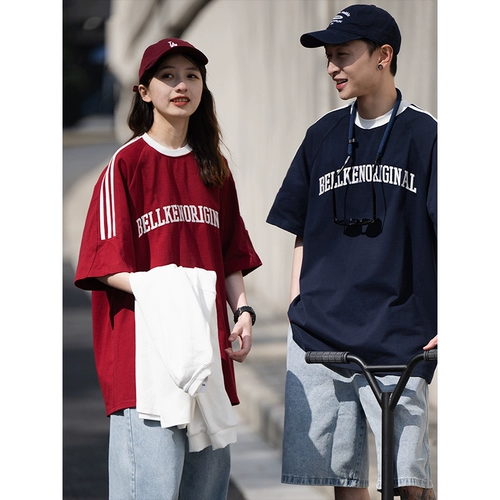 Bellken 300G Тяжелая буква вышивка хлопка классическая ретро три бара вставленные плечевые рукава короткие -мала