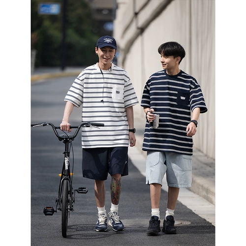 Bellken Ранняя студия 23SS Свободная классическая полосатая рубашка футболка с коротки