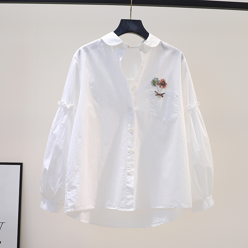 Artistic Embroidered White Shirt for Women, Loose Fit, 2026 Spring New Style, White Shirt, Korean Style Long-Sleeved Base Shirt Top