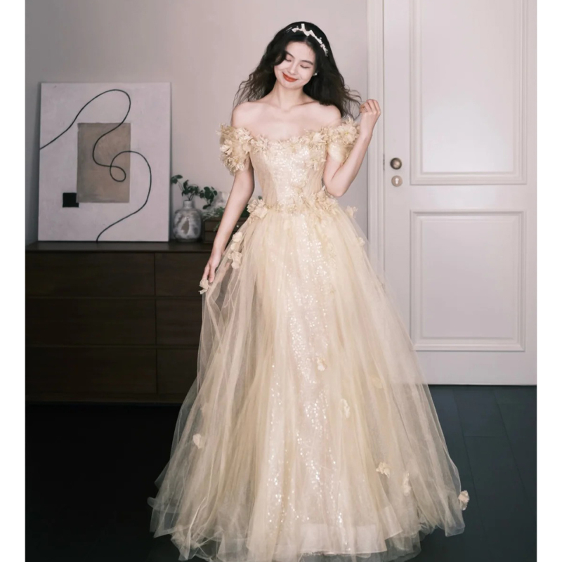 Banquet Evening Dress Champagne Color High-End French Style Birthday Music Art Exam Coming-Of-Age Ceremony Dress Host Performance Costume