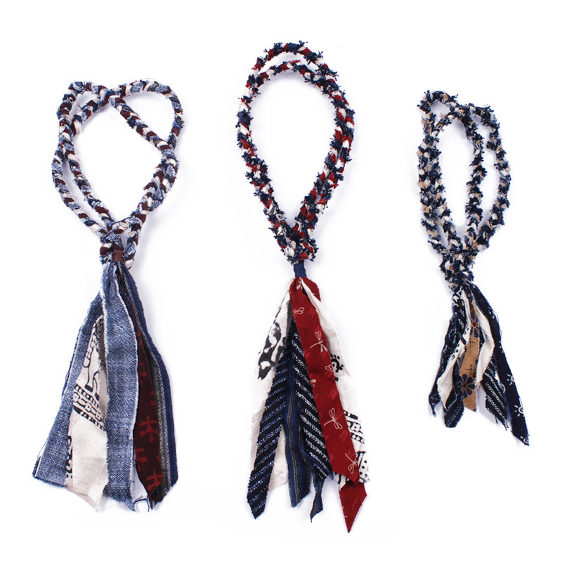 (Domestic Spot) YVES braided ancient cloth rope blue dye printing retro Amei click the necklace