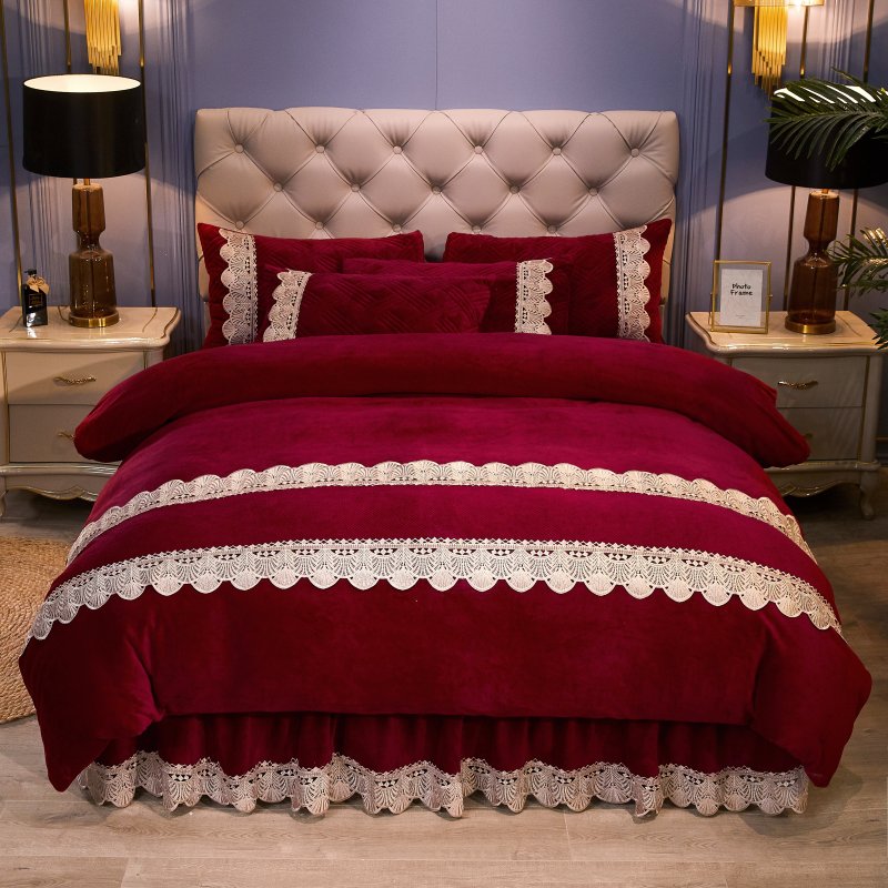 Thickened Baby Suede Warm Four Pieces Beds Bedding Bedcover Bed Skirt Type Crystal Suede Anti Slip Plush Kit