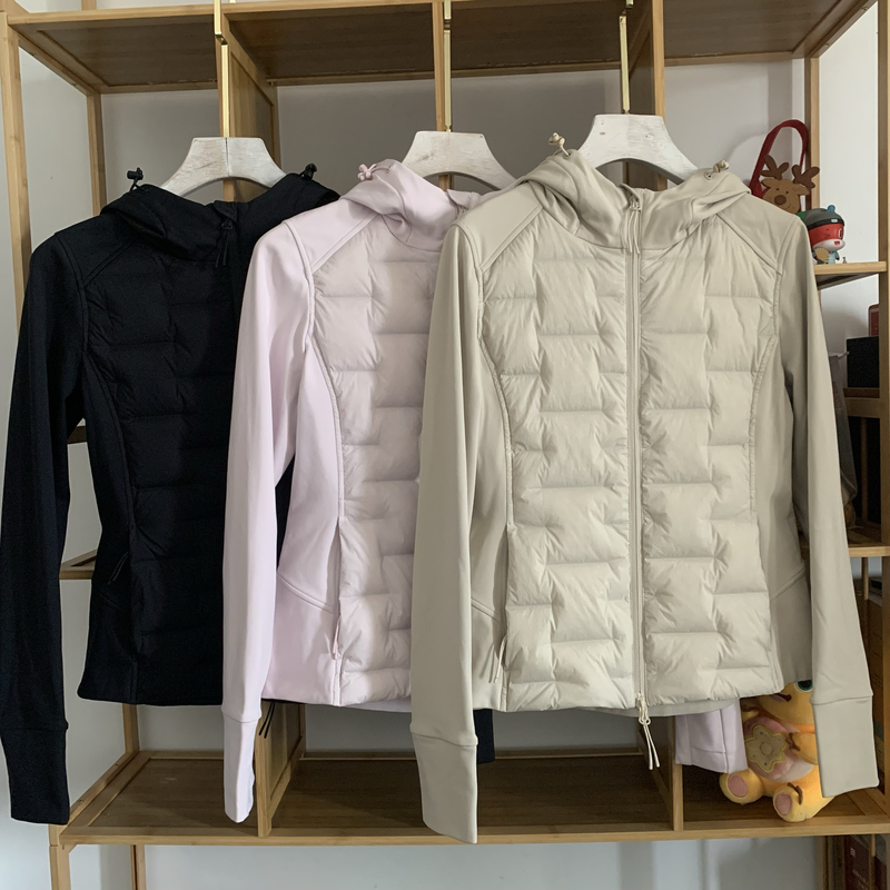 Shopping Mall Same Style Light and Warm 90% Goose down Knitted Patchwork Slim Fit Slimming Yoga down Jacket Hooded Coat for Women 25 Winter New