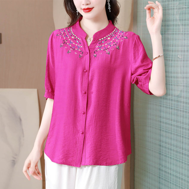 Cotton and linen shirt ladies short-sleeved summer new mother age-reducing fashion shirt loose large size ramie embroidery top